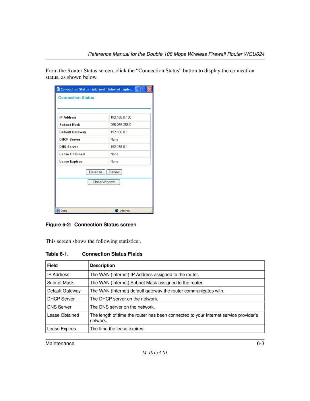 NETGEAR WGU624 manual Connection Status screen, Connection Status Fields 