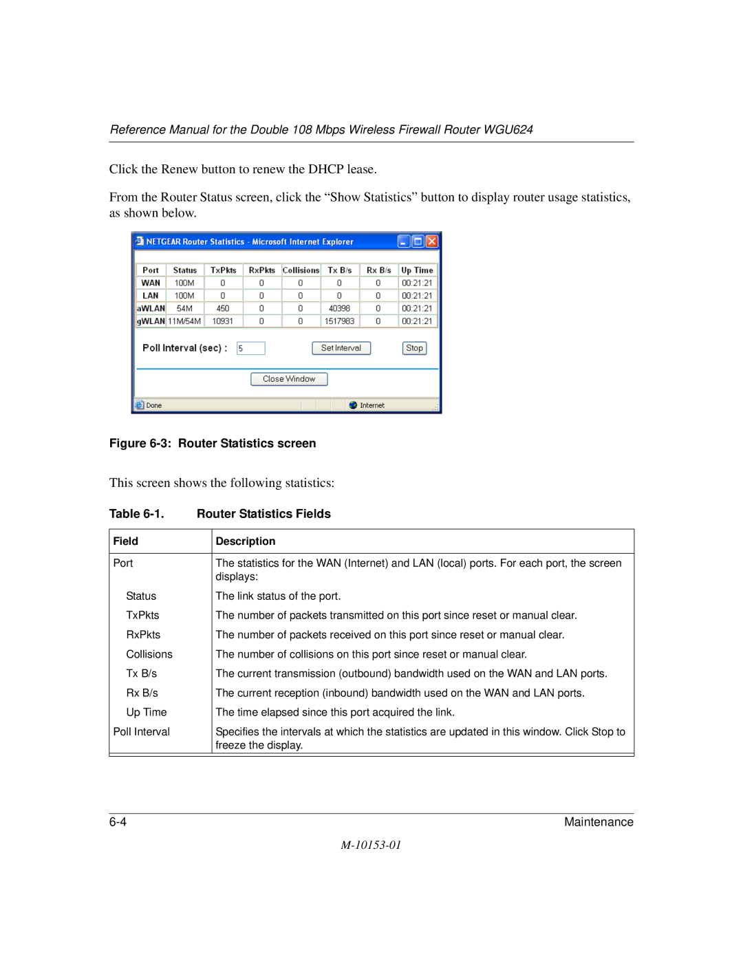 NETGEAR WGU624 manual Router Statistics screen, Router Statistics Fields 