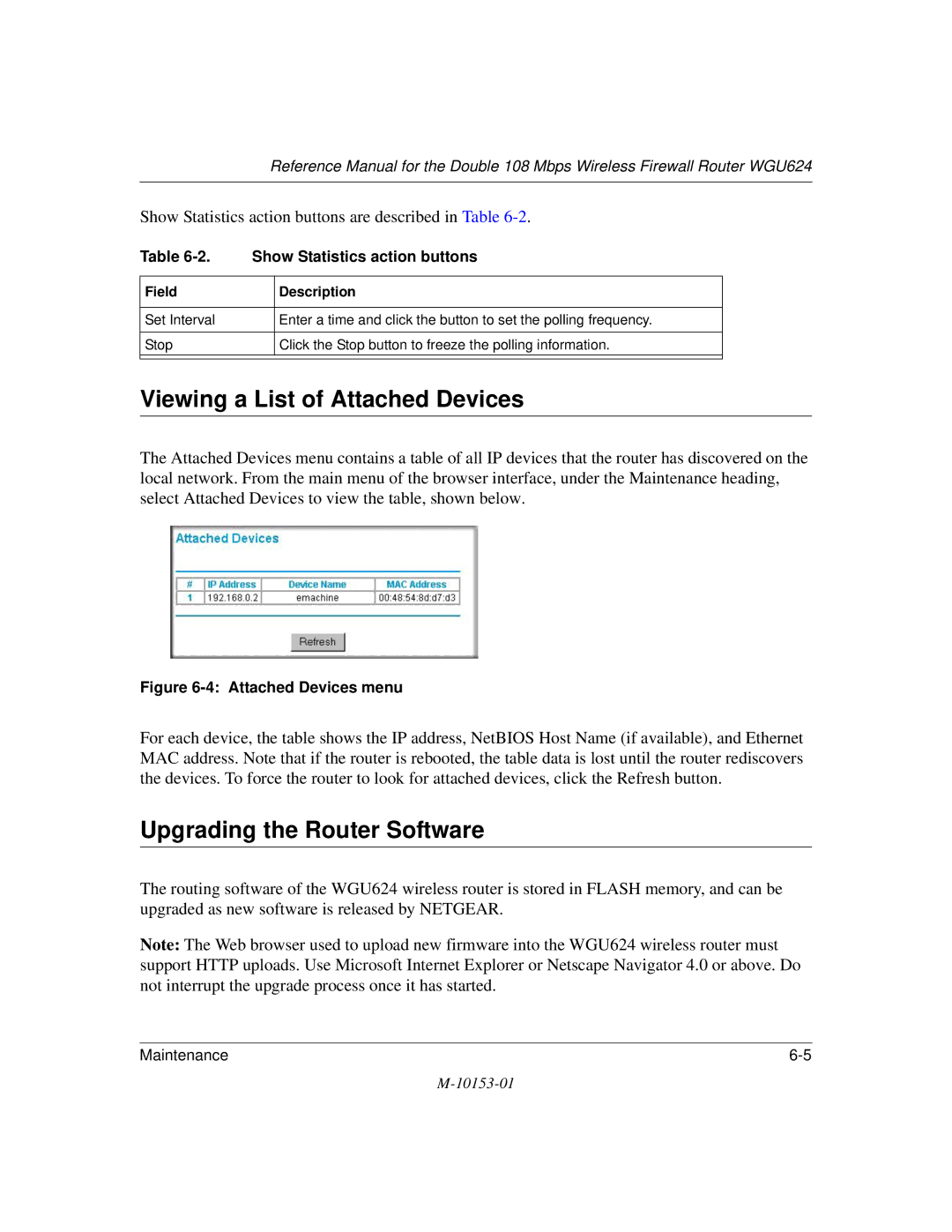 NETGEAR WGU624 manual Viewing a List of Attached Devices, Upgrading the Router Software, Show Statistics action buttons 