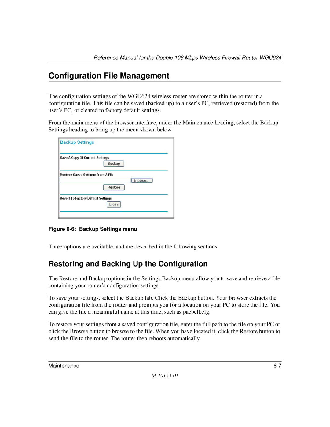 NETGEAR WGU624 manual Configuration File Management, Restoring and Backing Up the Configuration 