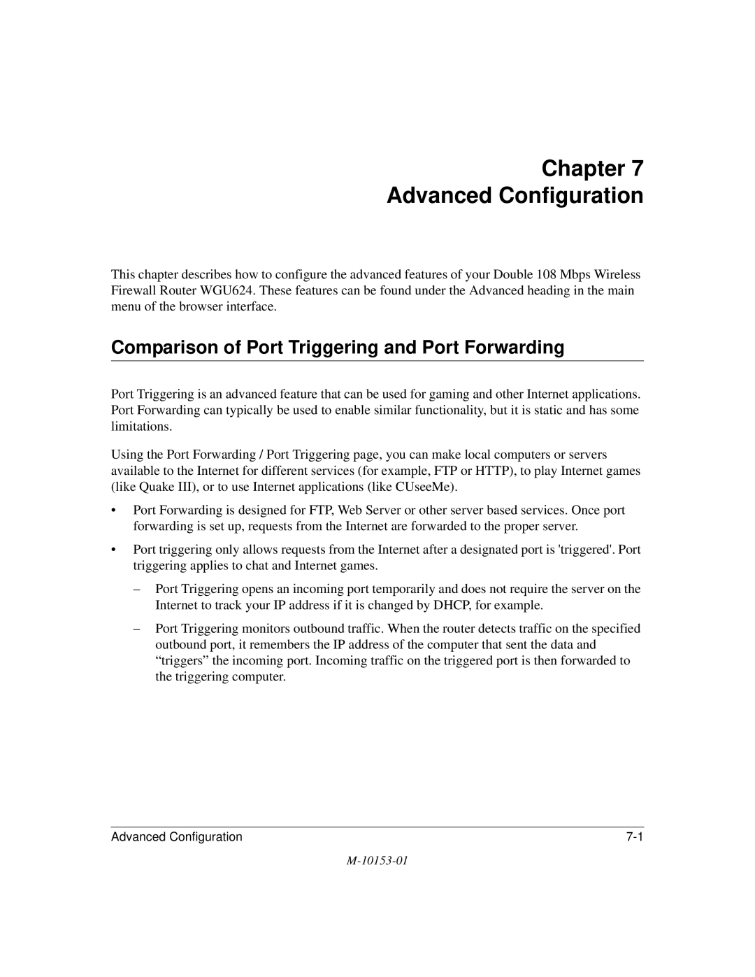 NETGEAR WGU624 manual Chapter Advanced Configuration, Comparison of Port Triggering and Port Forwarding 