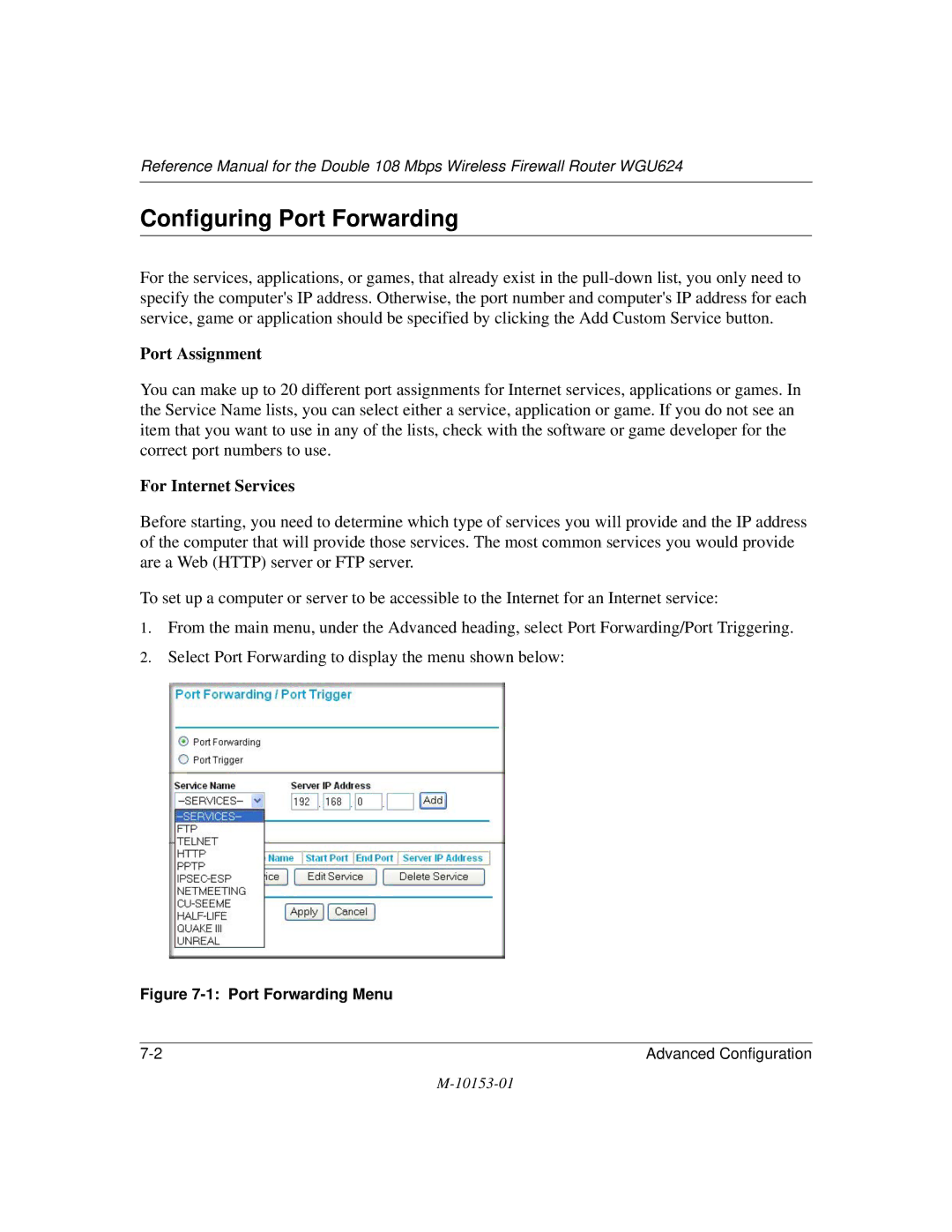 NETGEAR WGU624 manual Configuring Port Forwarding, Port Forwarding Menu 