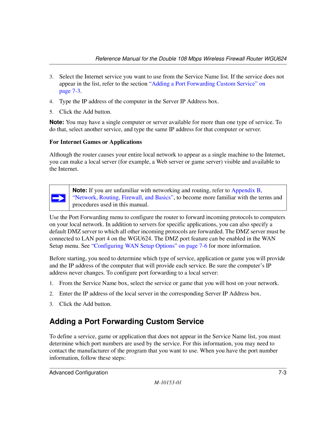 NETGEAR WGU624 manual Adding a Port Forwarding Custom Service, For Internet Games or Applications 