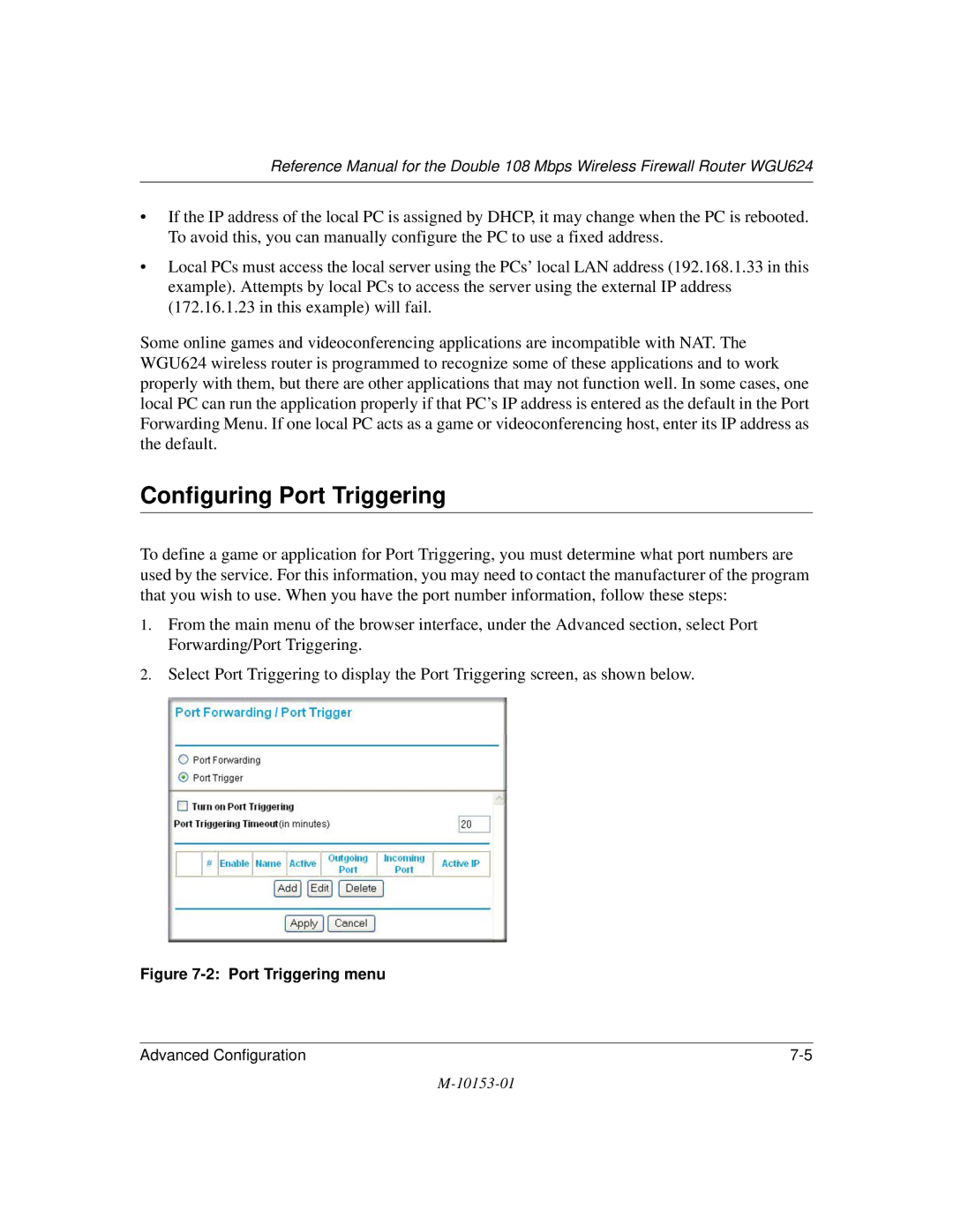 NETGEAR WGU624 manual Configuring Port Triggering, Port Triggering menu 