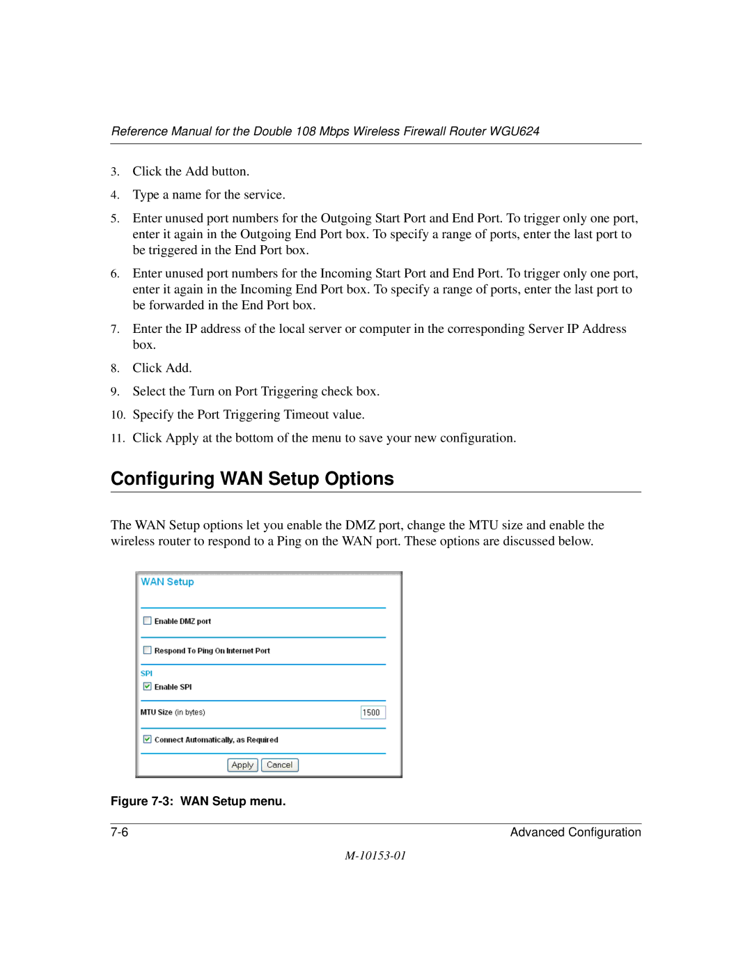 NETGEAR WGU624 manual Configuring WAN Setup Options, WAN Setup menu 