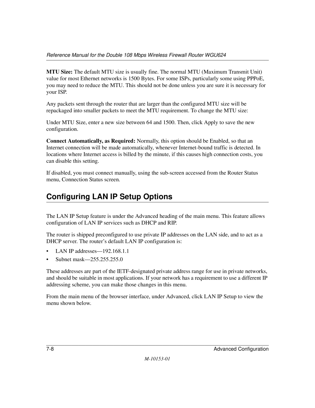 NETGEAR WGU624 manual Configuring LAN IP Setup Options 