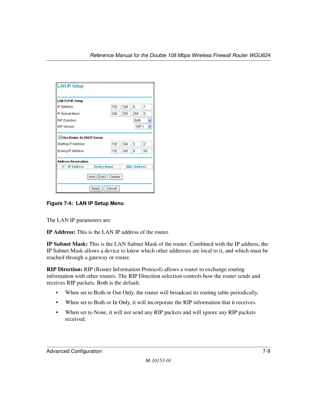 NETGEAR WGU624 manual LAN IP Setup Menu 