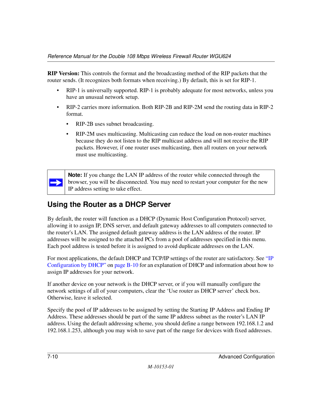 NETGEAR WGU624 manual Using the Router as a Dhcp Server 