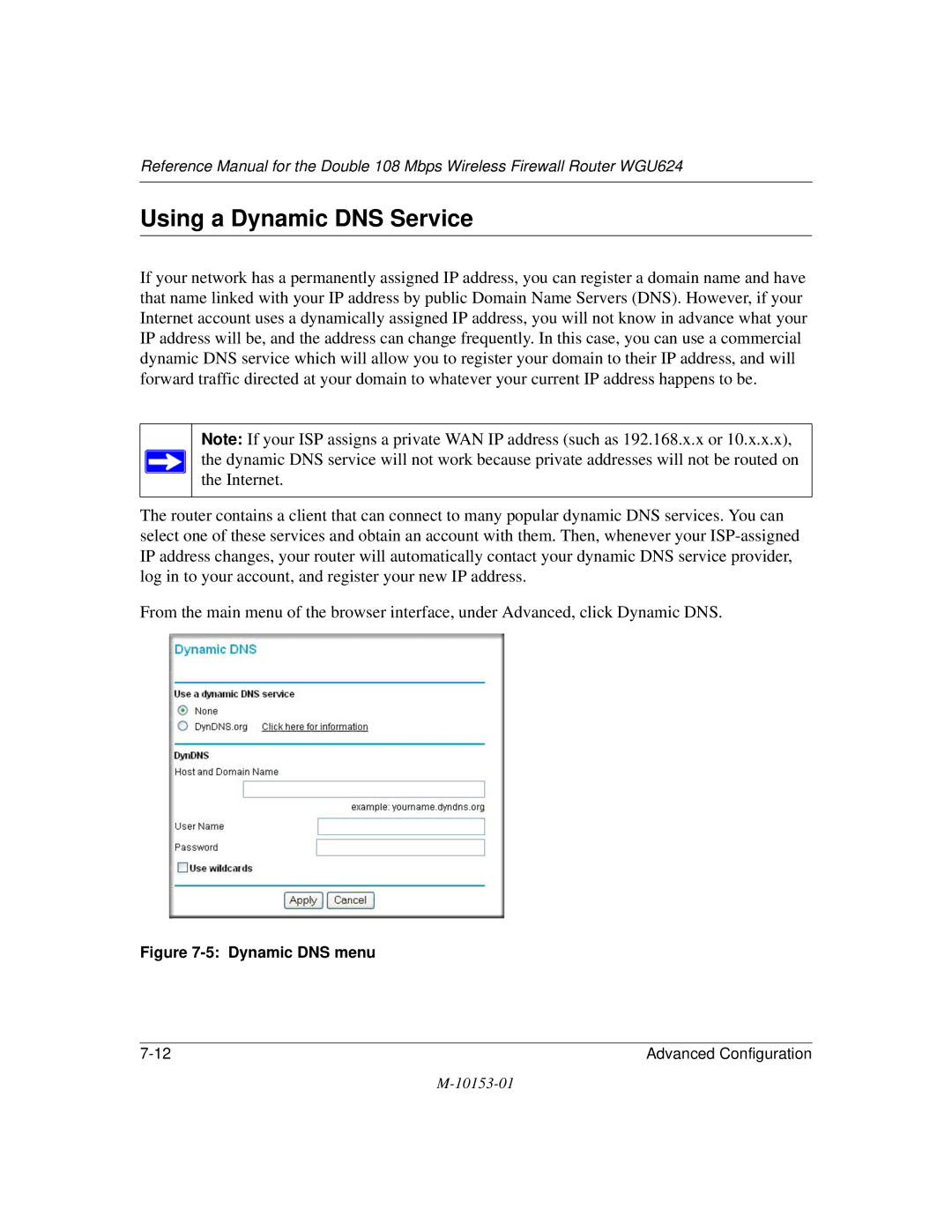 NETGEAR WGU624 manual Using a Dynamic DNS Service, Dynamic DNS menu 