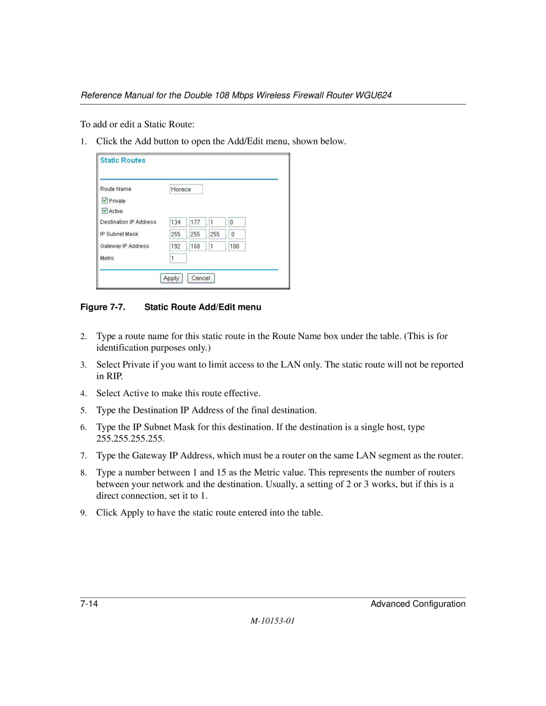 NETGEAR WGU624 manual Static Route Add/Edit menu 