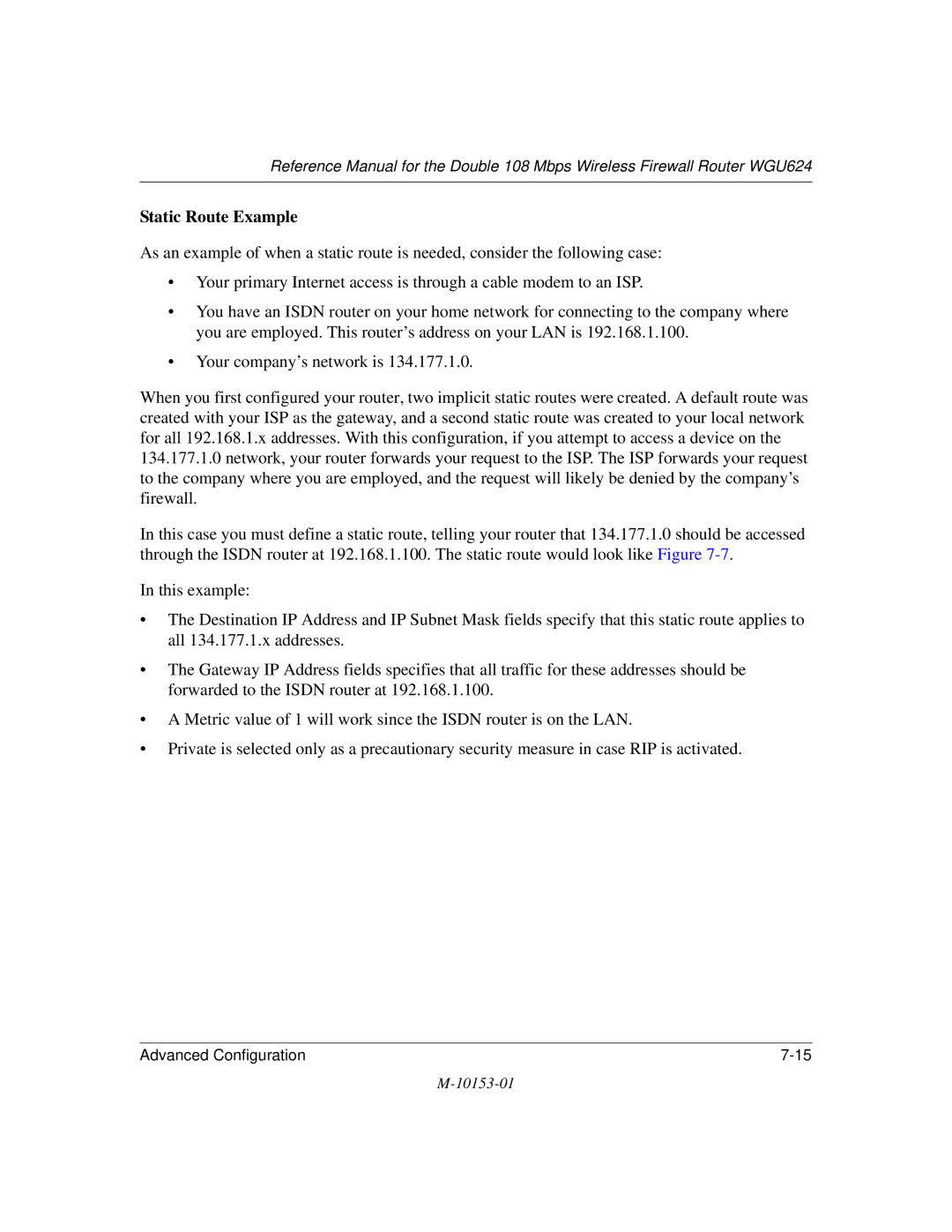 NETGEAR WGU624 manual Static Route Example 