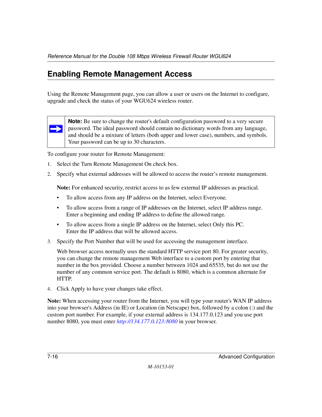 NETGEAR WGU624 manual Enabling Remote Management Access 