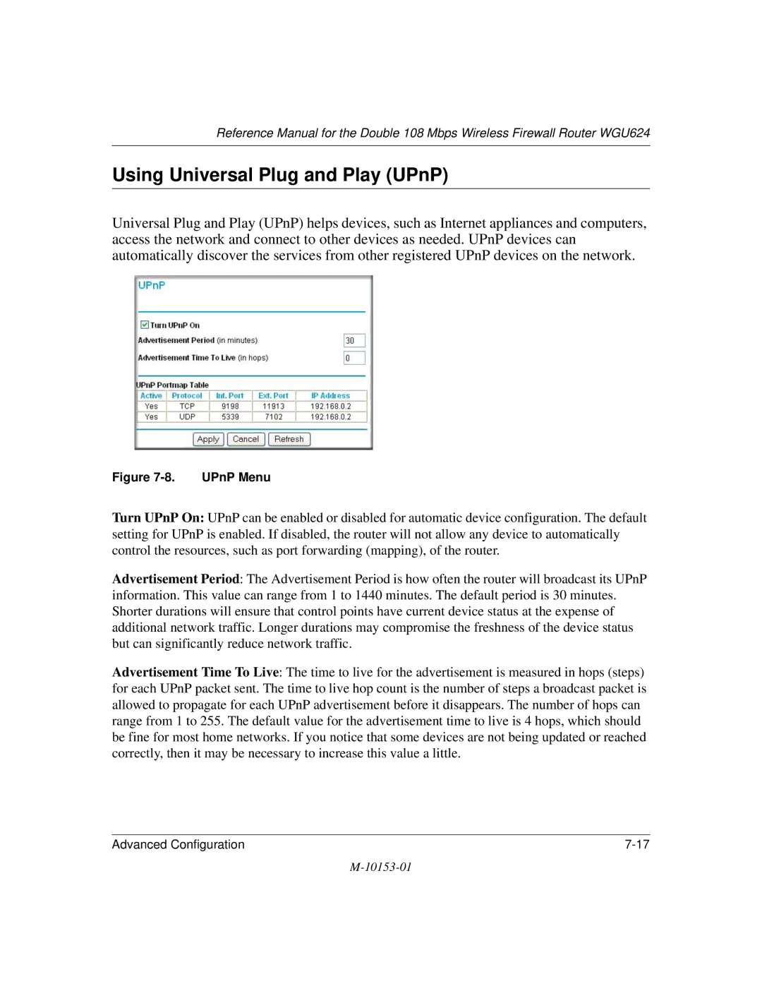 NETGEAR WGU624 manual Using Universal Plug and Play UPnP, UPnP Menu 