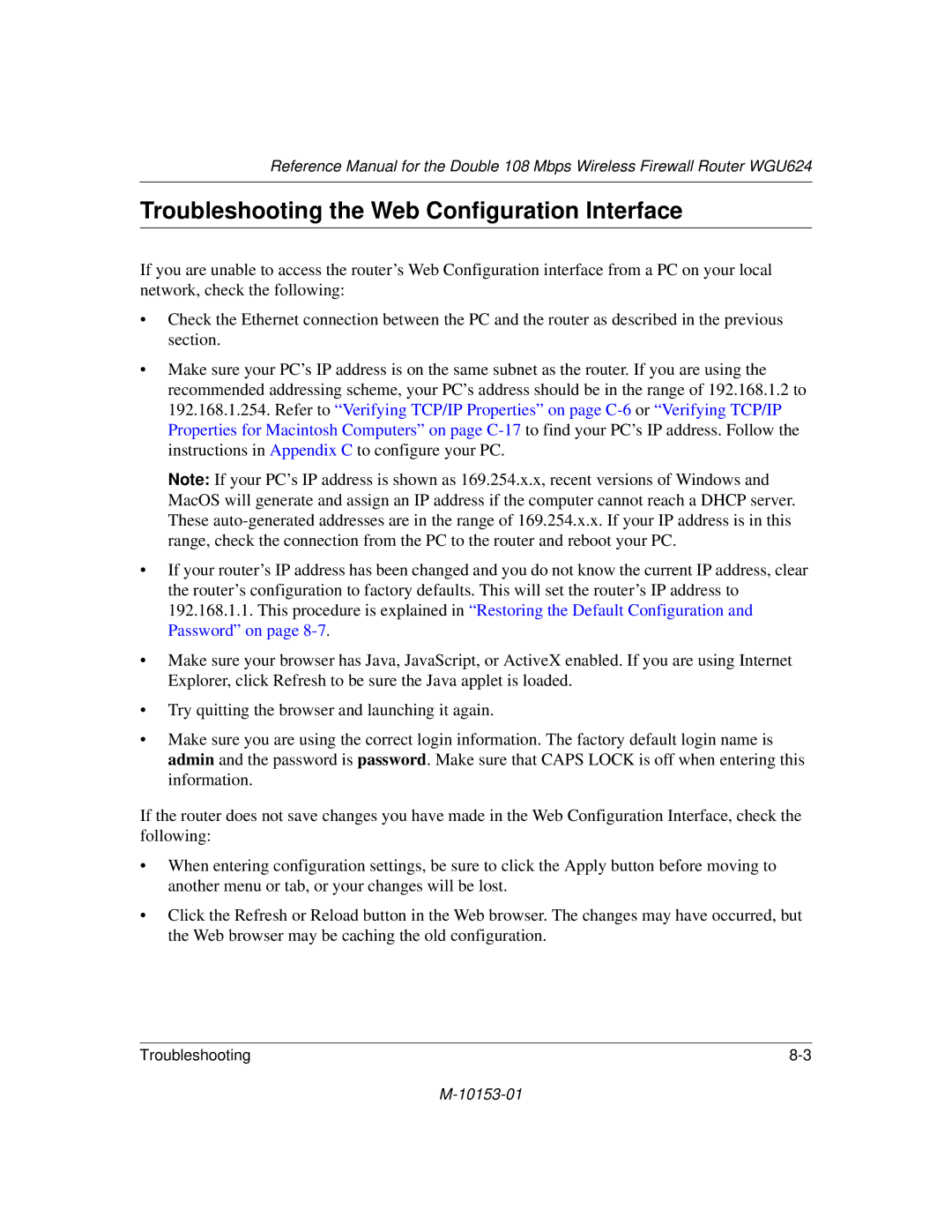 NETGEAR WGU624 manual Troubleshooting the Web Configuration Interface 