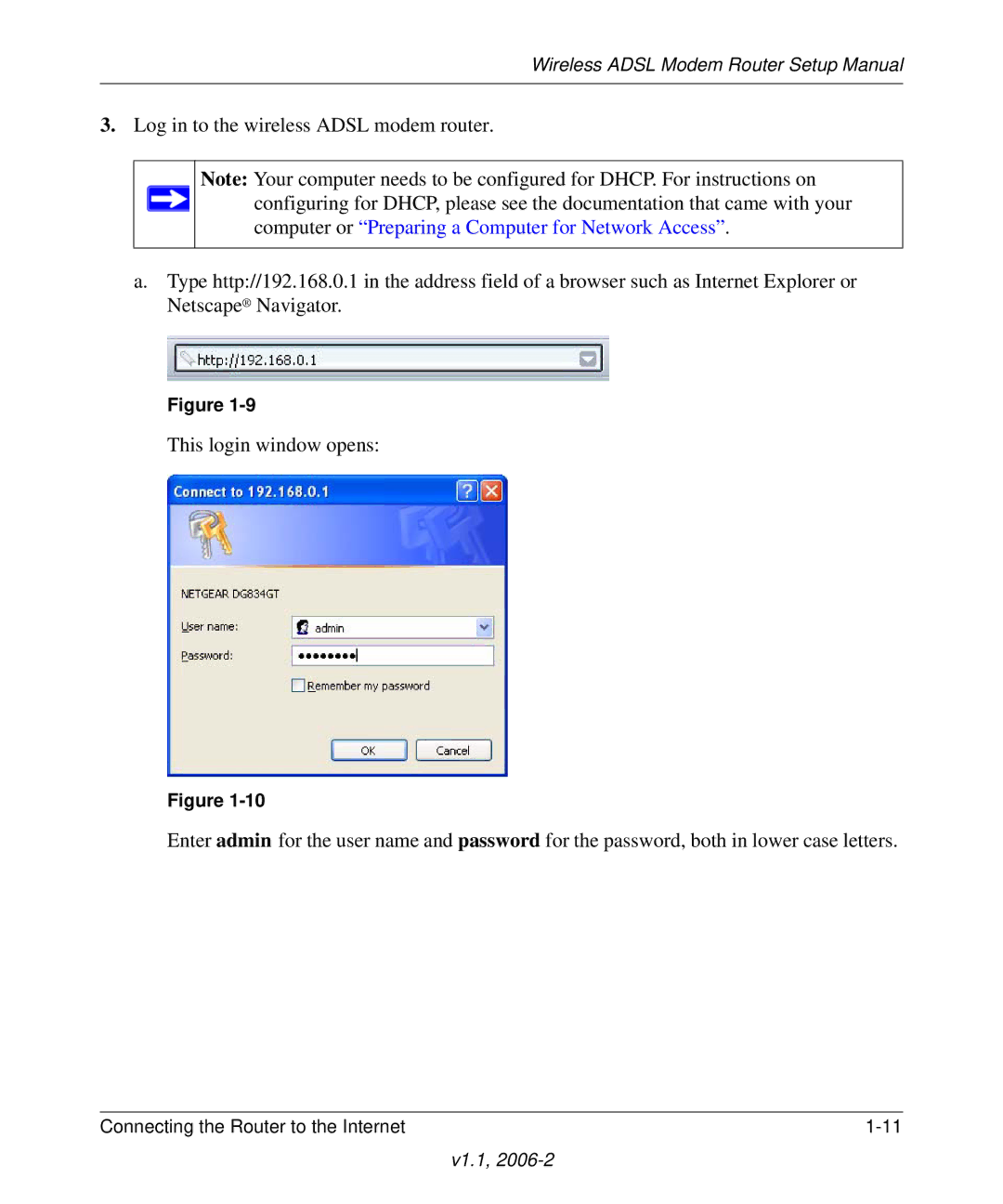 NETGEAR Wireless ADSL Modem Router manual Computer or Preparing a Computer for Network Access 