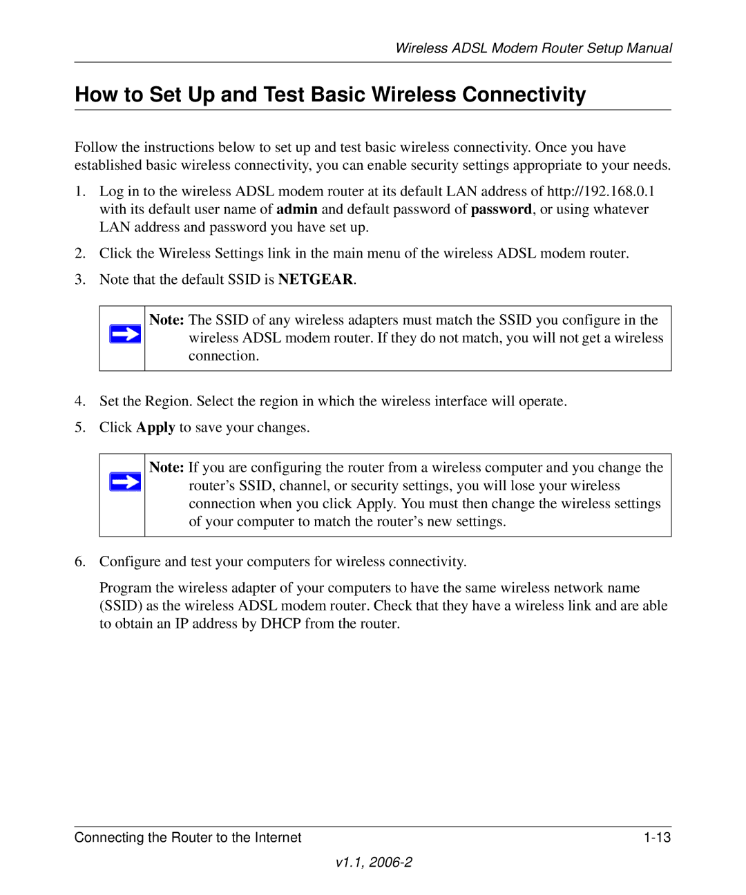 NETGEAR Wireless ADSL Modem Router manual How to Set Up and Test Basic Wireless Connectivity 