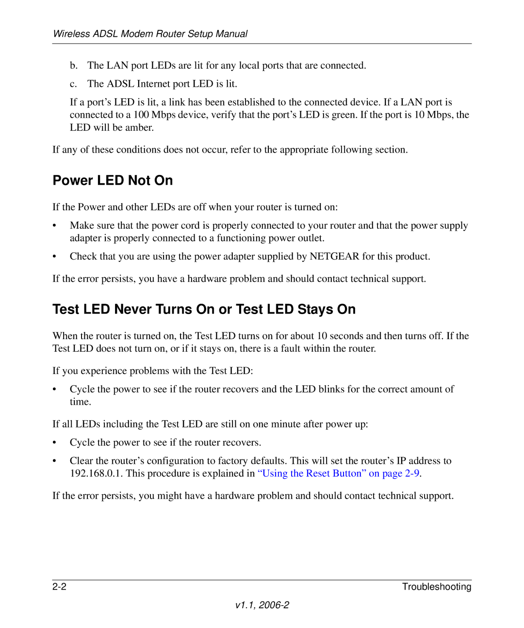 NETGEAR Wireless ADSL Modem Router manual Power LED Not On, Test LED Never Turns On or Test LED Stays On 