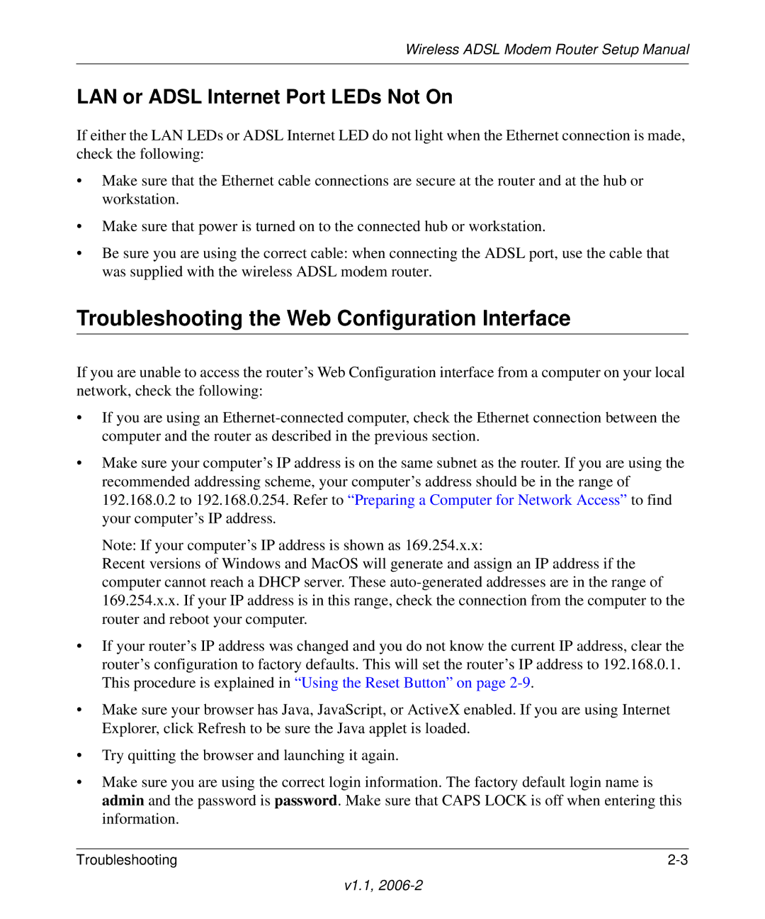 NETGEAR Wireless ADSL Modem Router Troubleshooting the Web Configuration Interface, LAN or Adsl Internet Port LEDs Not On 