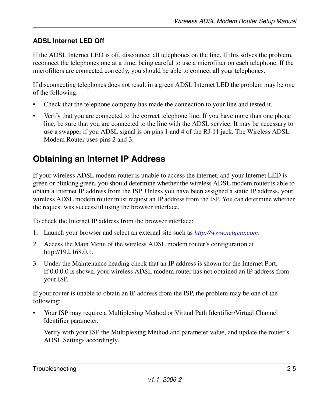NETGEAR Wireless ADSL Modem Router manual Obtaining an Internet IP Address, Adsl Internet LED Off 