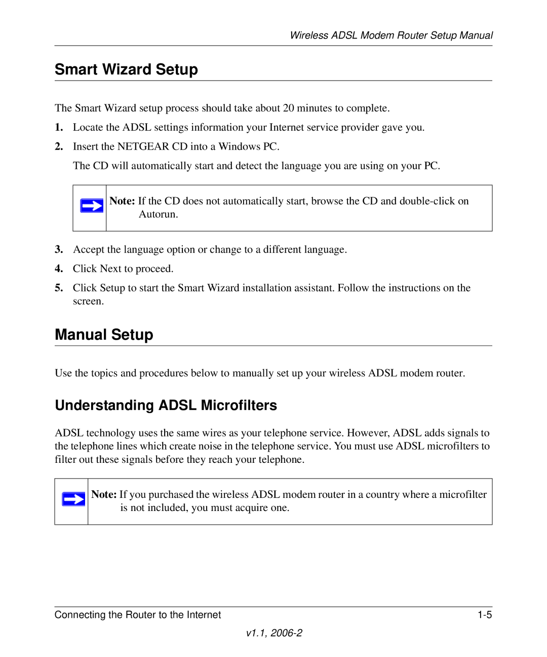 NETGEAR Wireless ADSL Modem Router manual Smart Wizard Setup, Manual Setup, Understanding Adsl Microfilters 