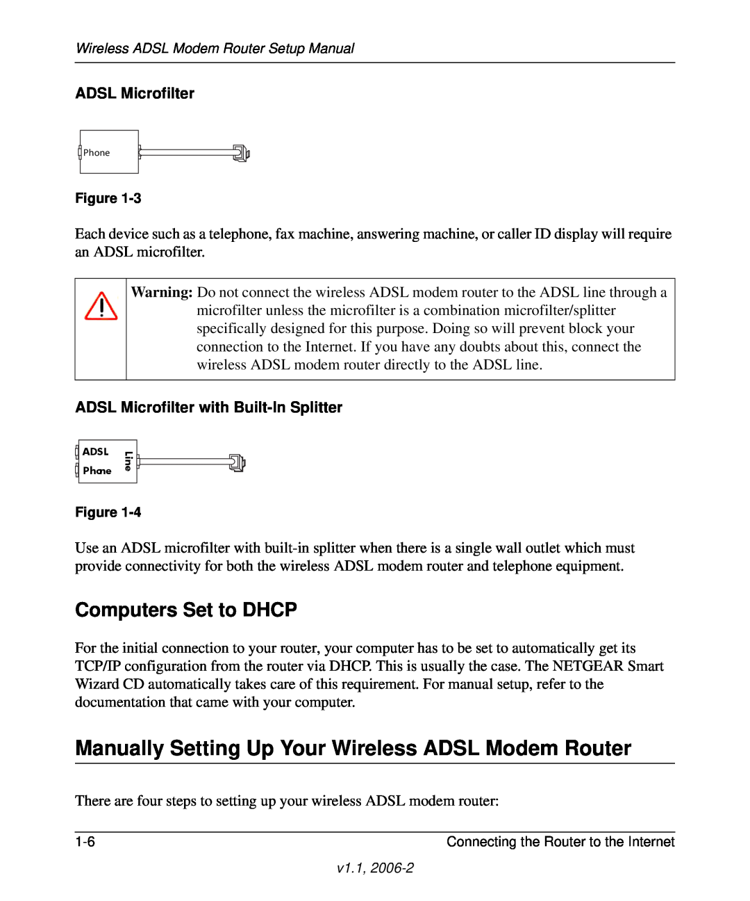 NETGEAR manual Manually Setting Up Your Wireless ADSL Modem Router, Computers Set to DHCP, ADSL Microfilter 