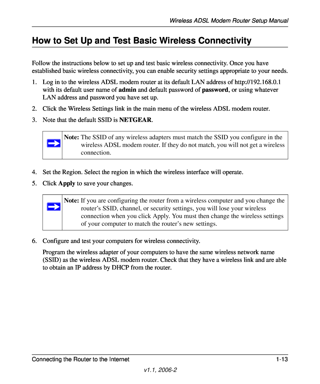 NETGEAR Wireless ADSL Modem Router manual How to Set Up and Test Basic Wireless Connectivity 
