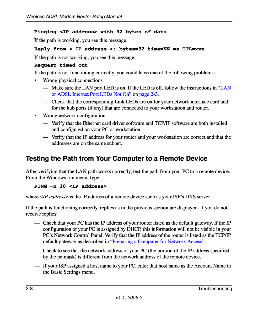 NETGEAR Wireless ADSL Modem Router manual Testing the Path from Your Computer to a Remote Device, Request timed out 