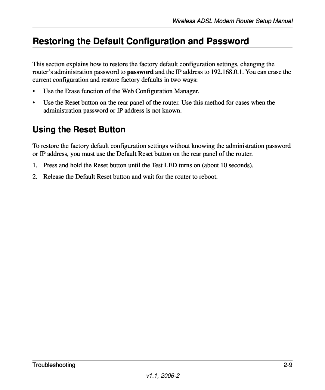 NETGEAR Wireless ADSL Modem Router manual Restoring the Default Configuration and Password, Using the Reset Button 