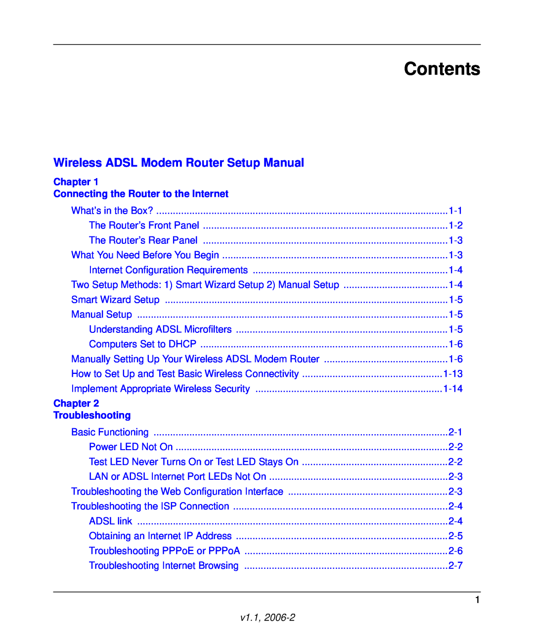 NETGEAR manual Contents, Wireless ADSL Modem Router Setup Manual, Chapter Connecting the Router to the Internet, v1.1 