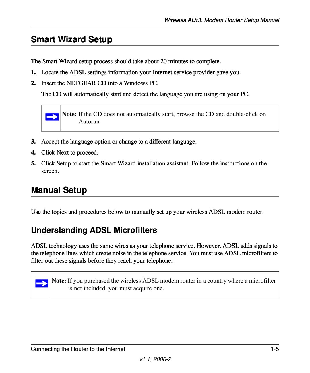 NETGEAR Wireless ADSL Modem Router manual Smart Wizard Setup, Manual Setup, Understanding ADSL Microfilters 