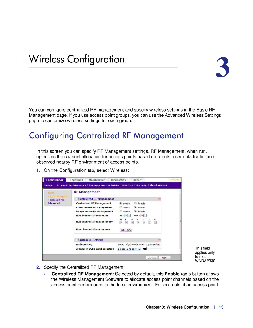 NETGEAR WMS105-10000S user manual Wireless Configuration, Configuring Centralized RF Management 