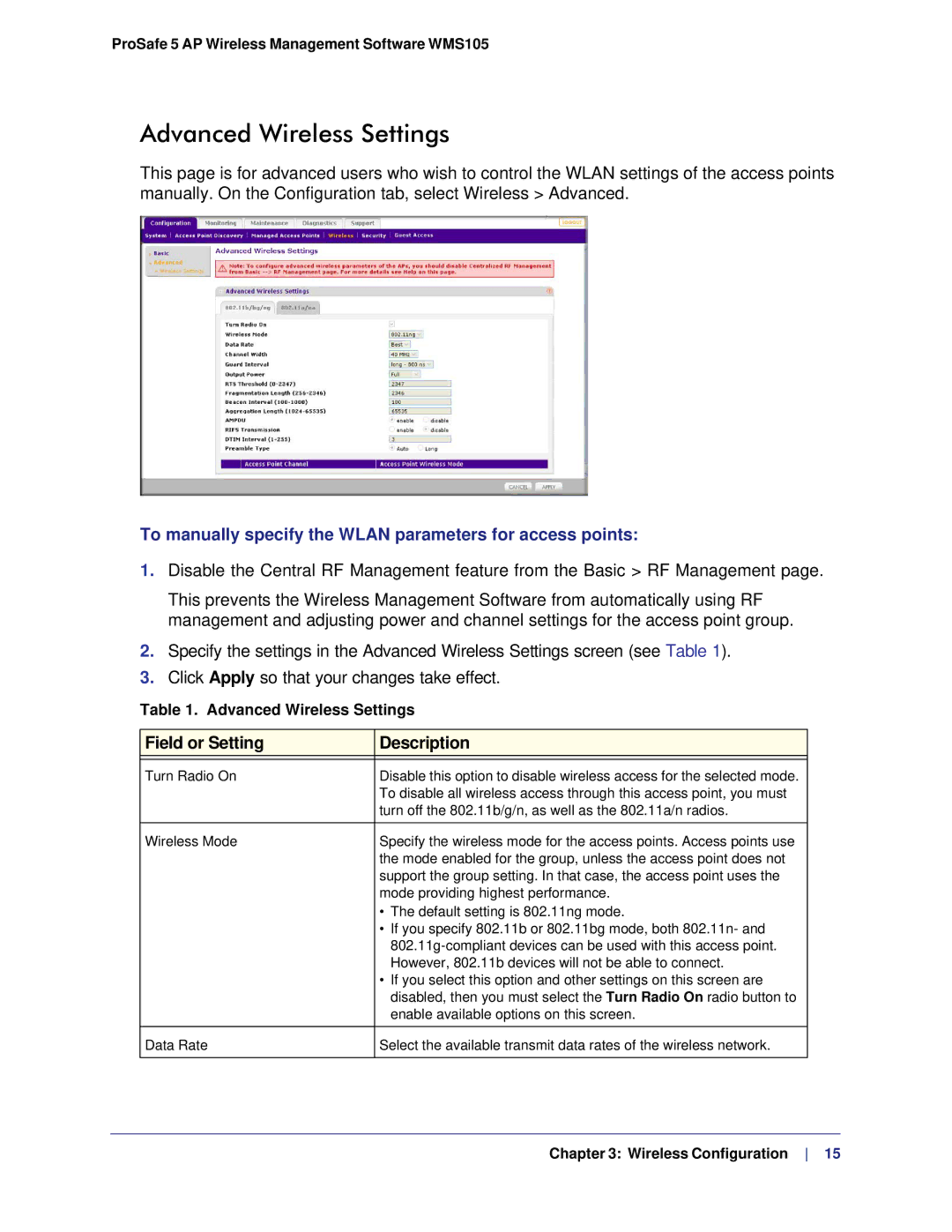 NETGEAR WMS105-10000S user manual Advanced Wireless Settings, To manually specify the Wlan parameters for access points 