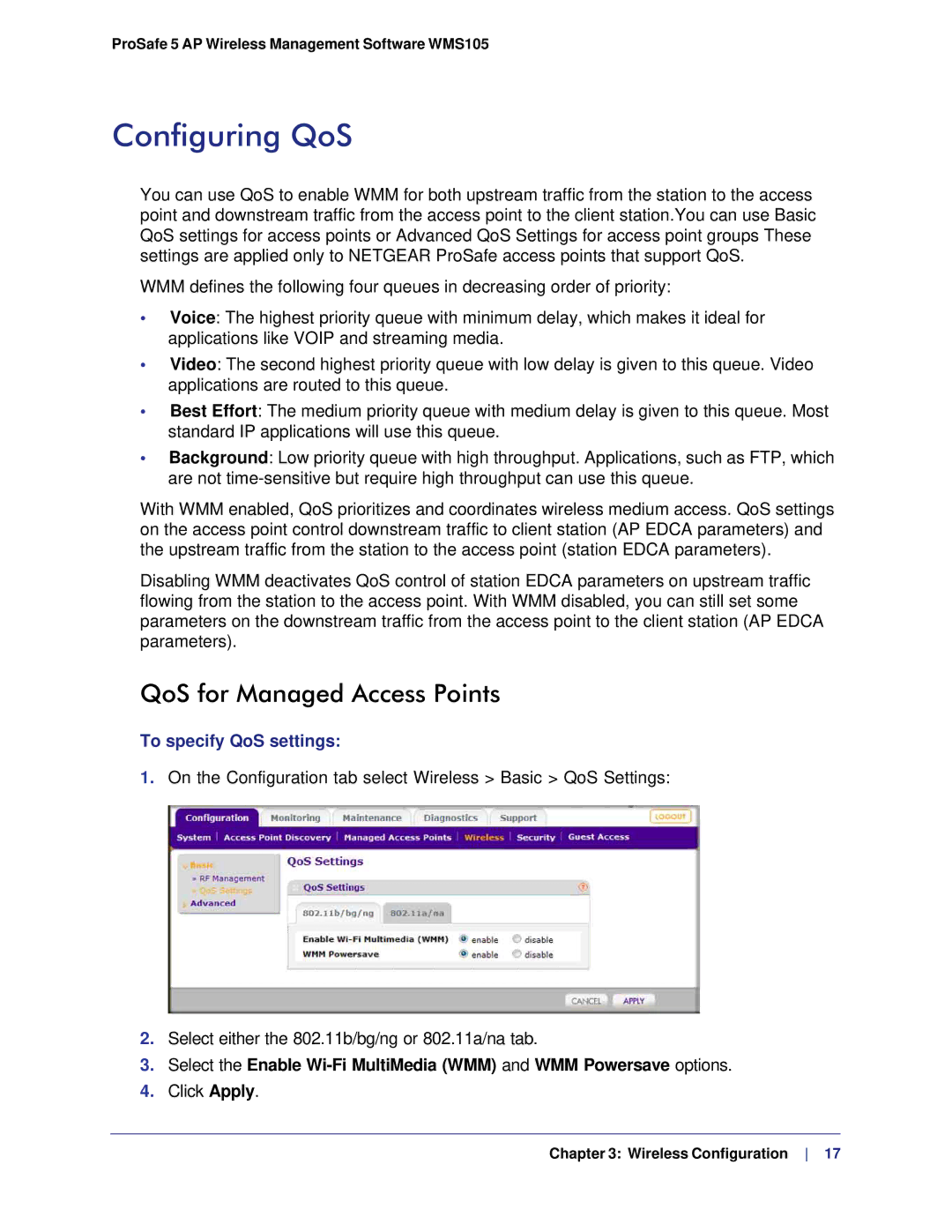 NETGEAR WMS105-10000S user manual Configuring QoS, QoS for Managed Access Points, To specify QoS settings 