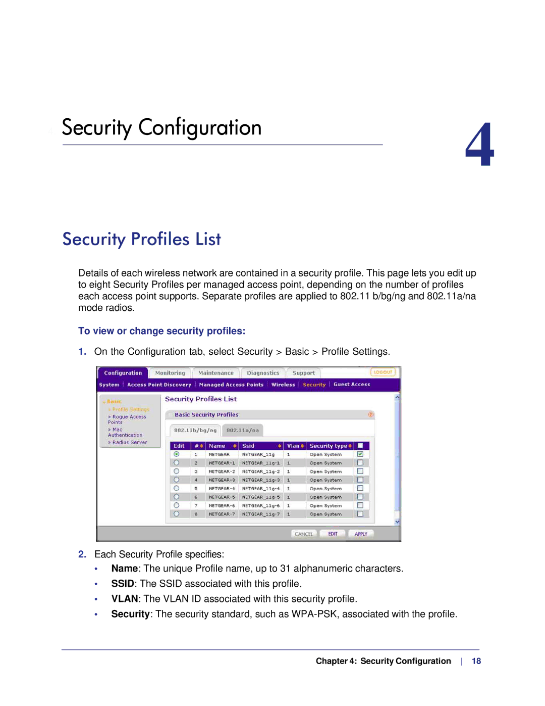 NETGEAR WMS105-10000S user manual Security Configuration, Security Profiles List, To view or change security profiles 