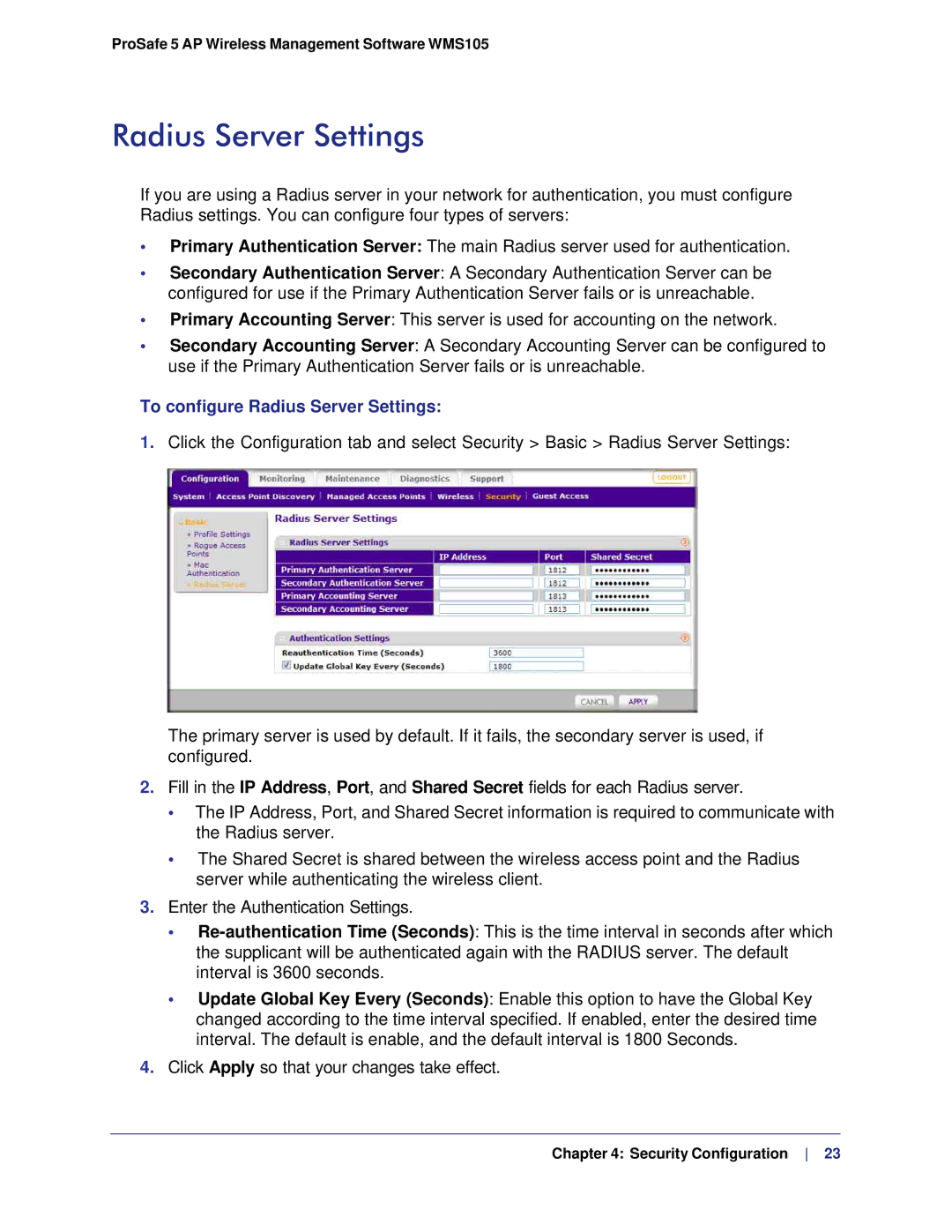 NETGEAR WMS105-10000S user manual To configure Radius Server Settings 