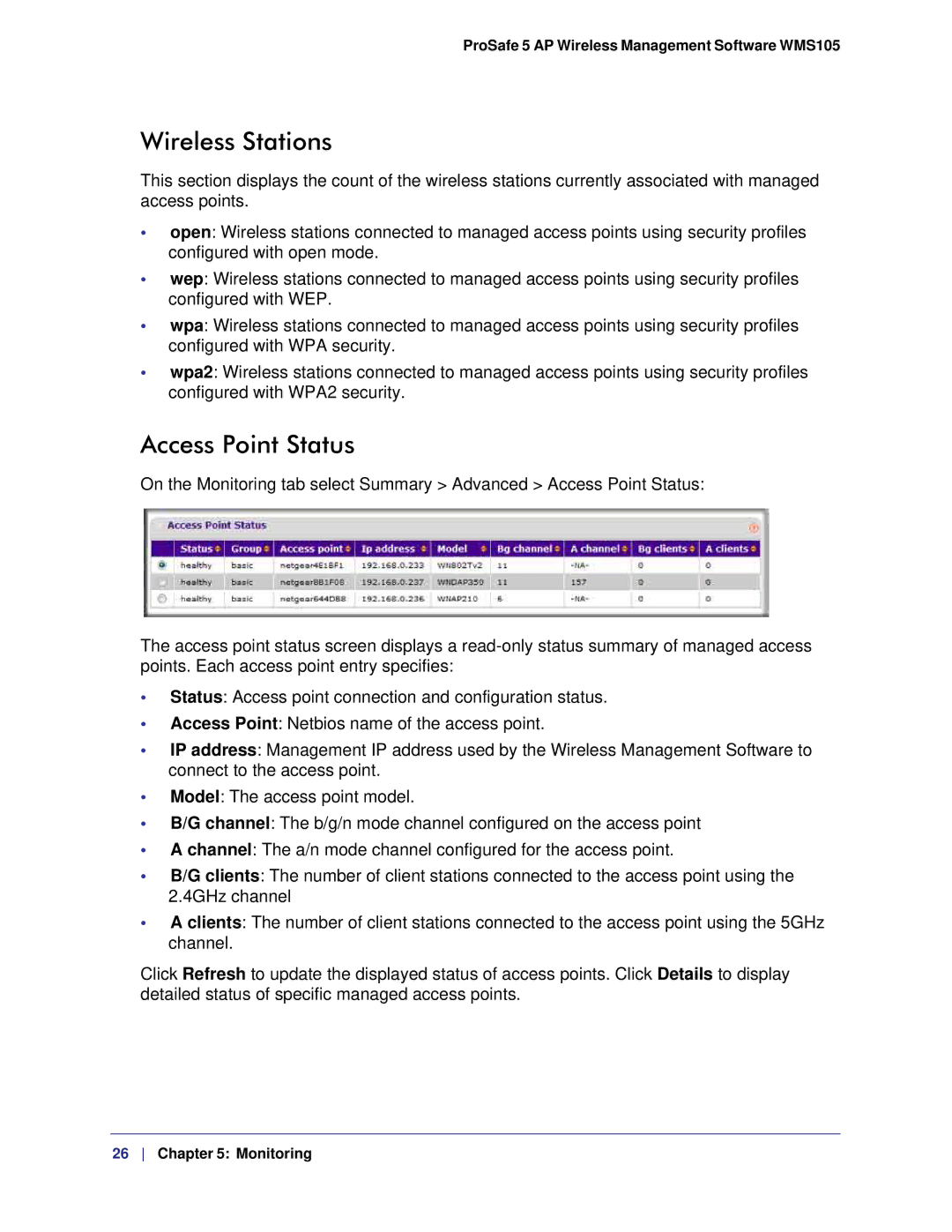 NETGEAR WMS105-10000S user manual Wireless Stations, Access Point Status 