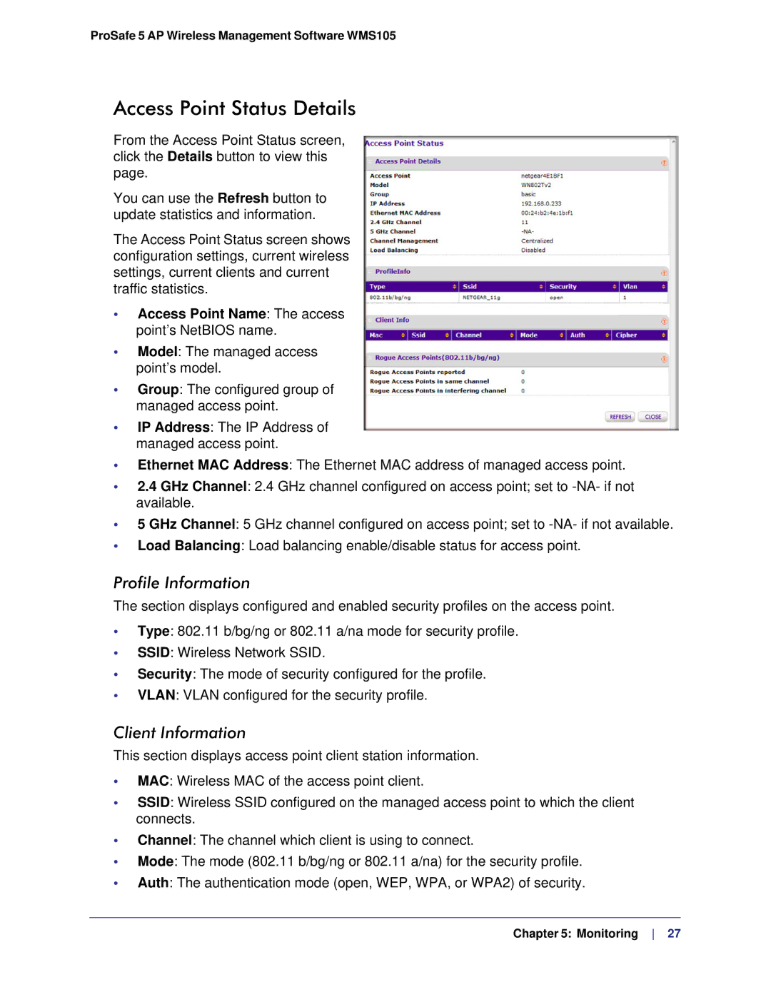 NETGEAR WMS105-10000S user manual Access Point Status Details, Profile Information 