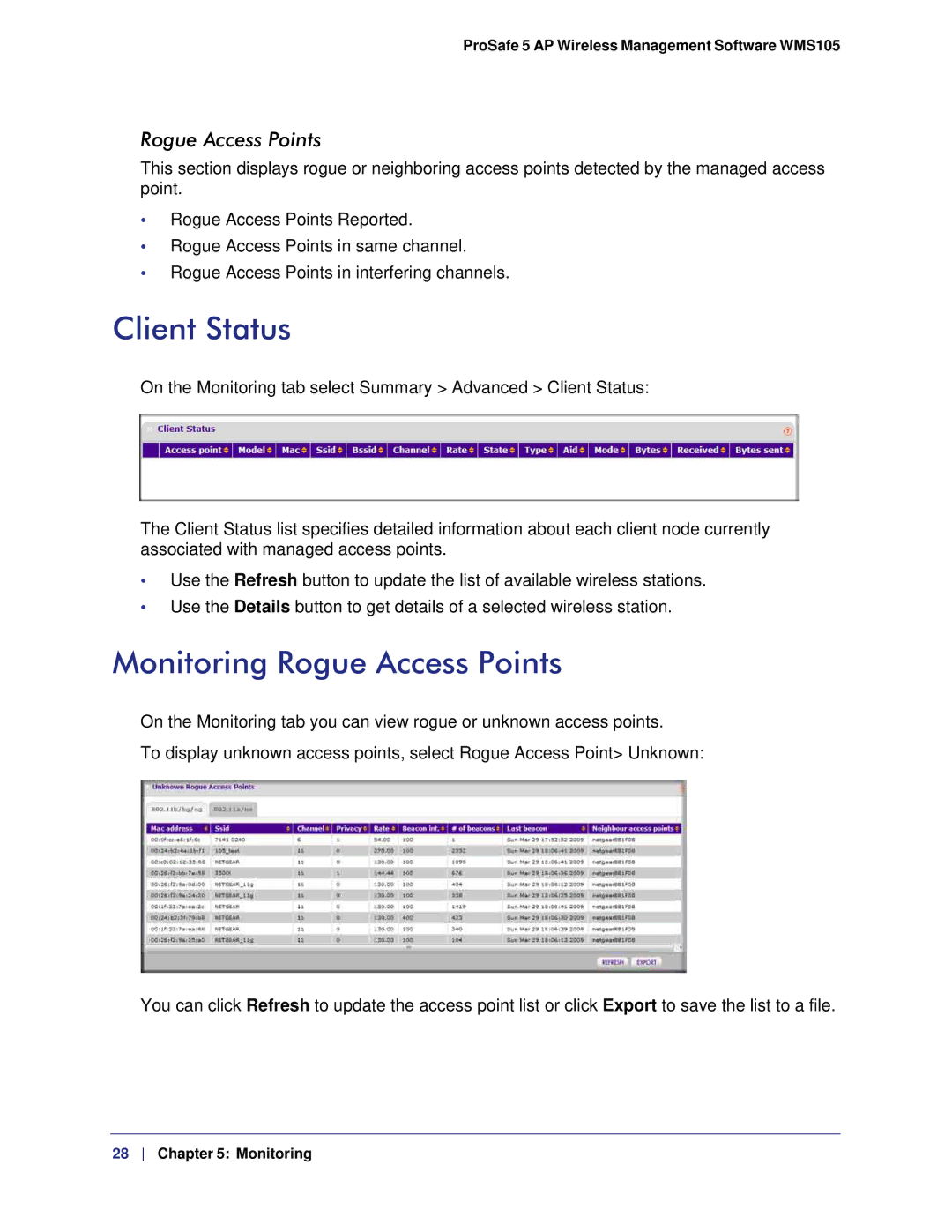 NETGEAR WMS105-10000S user manual Client Status, Monitoring Rogue Access Points 