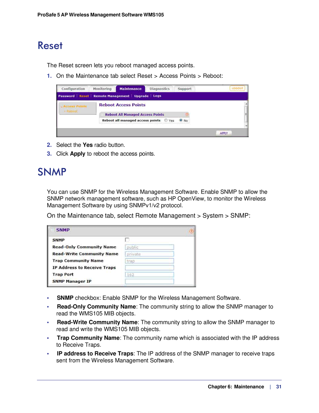 NETGEAR WMS105-10000S user manual Reset, Snmp 