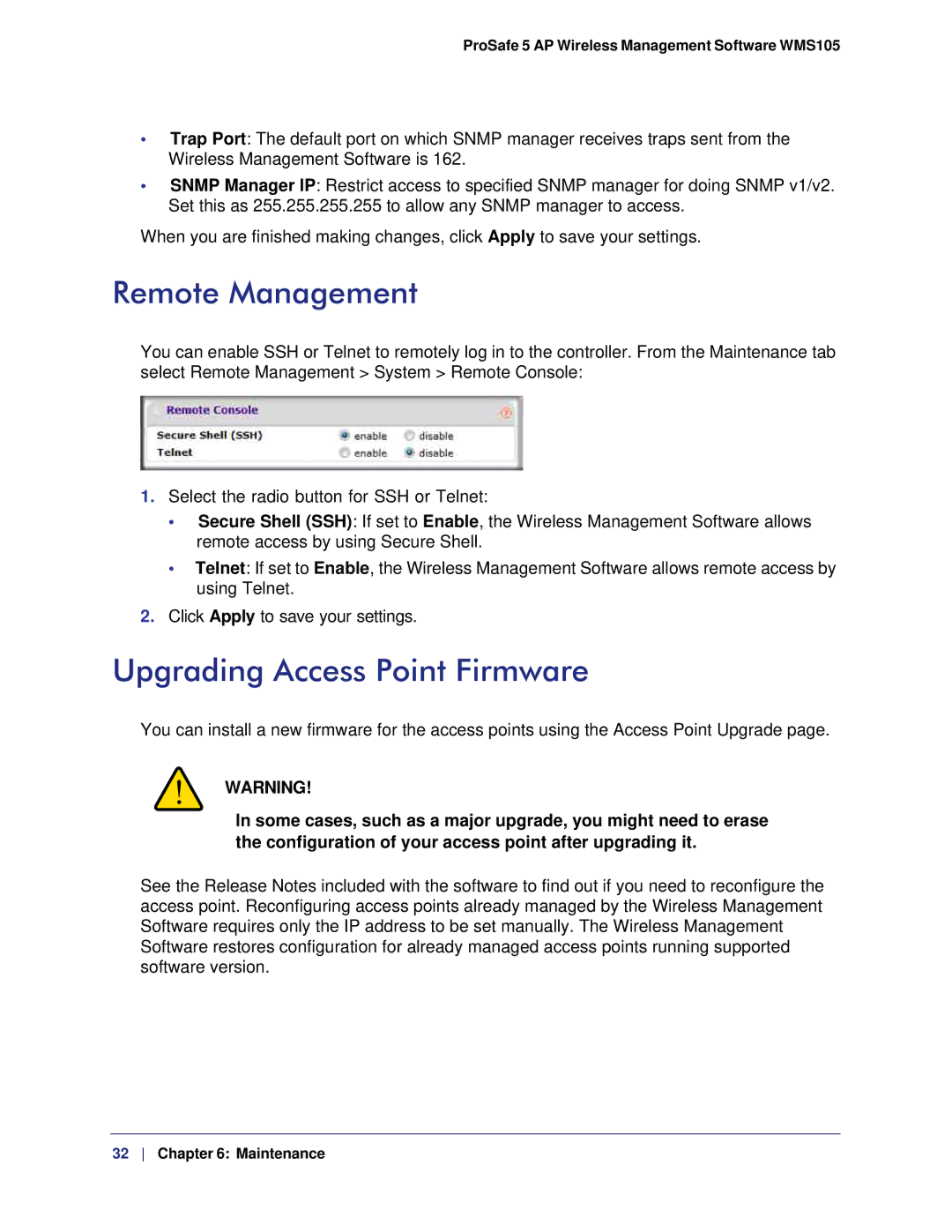 NETGEAR WMS105-10000S user manual Remote Management, Upgrading Access Point Firmware 