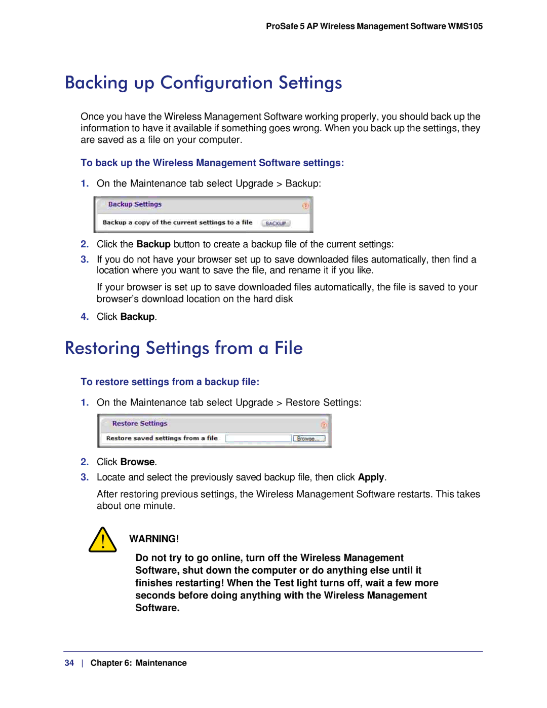 NETGEAR WMS105-10000S user manual Backing up Configuration Settings, Restoring Settings from a File 