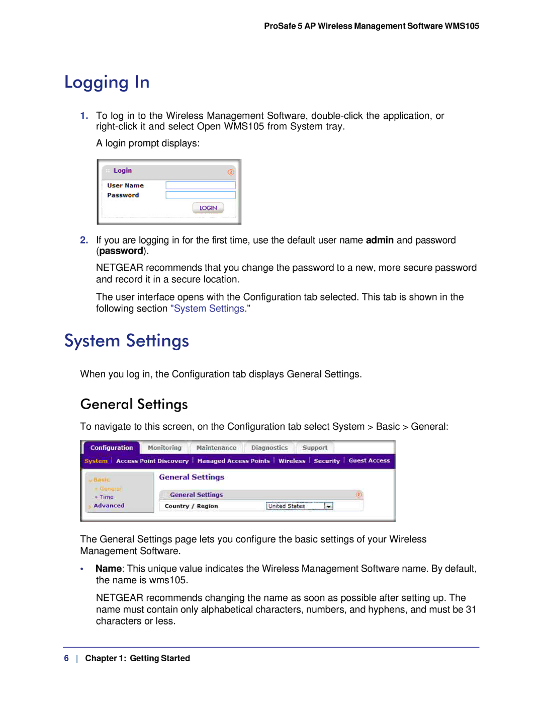 NETGEAR WMS105-10000S user manual Logging, System Settings, General Settings 