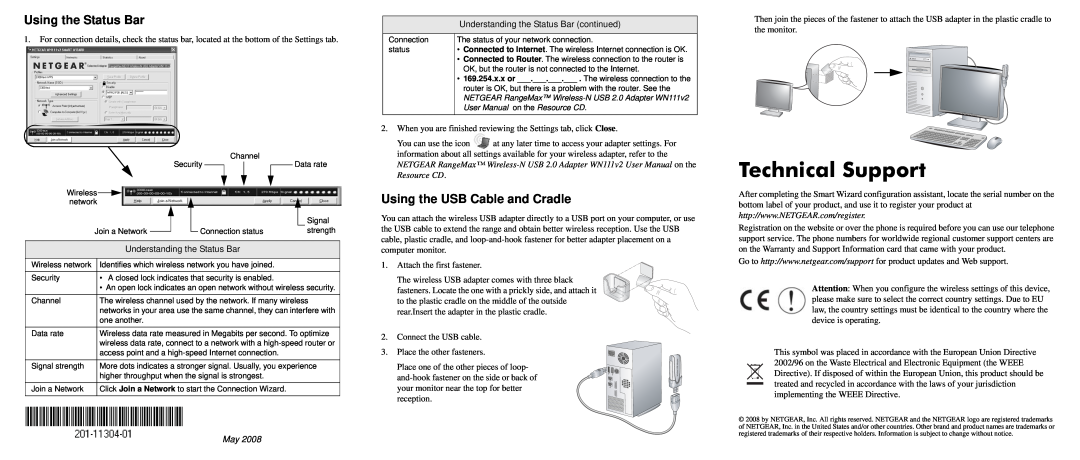 NETGEAR WN111v2 user manual Technical Support, Using the Status Bar, Using the USB Cable and Cradle 