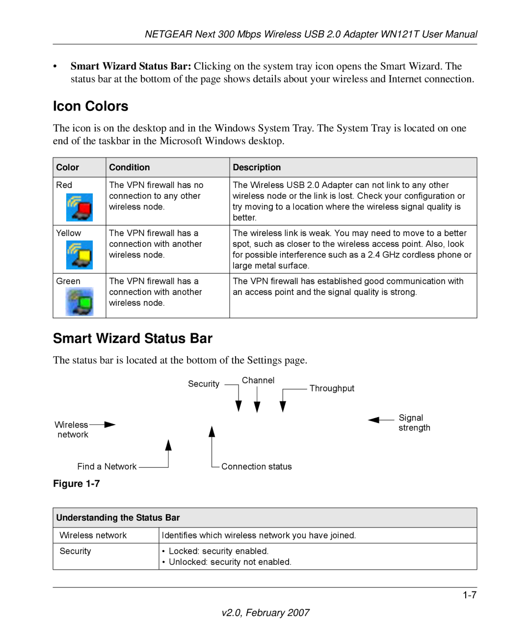 NETGEAR WN121T user manual Icon Colors, Smart Wizard Status Bar 