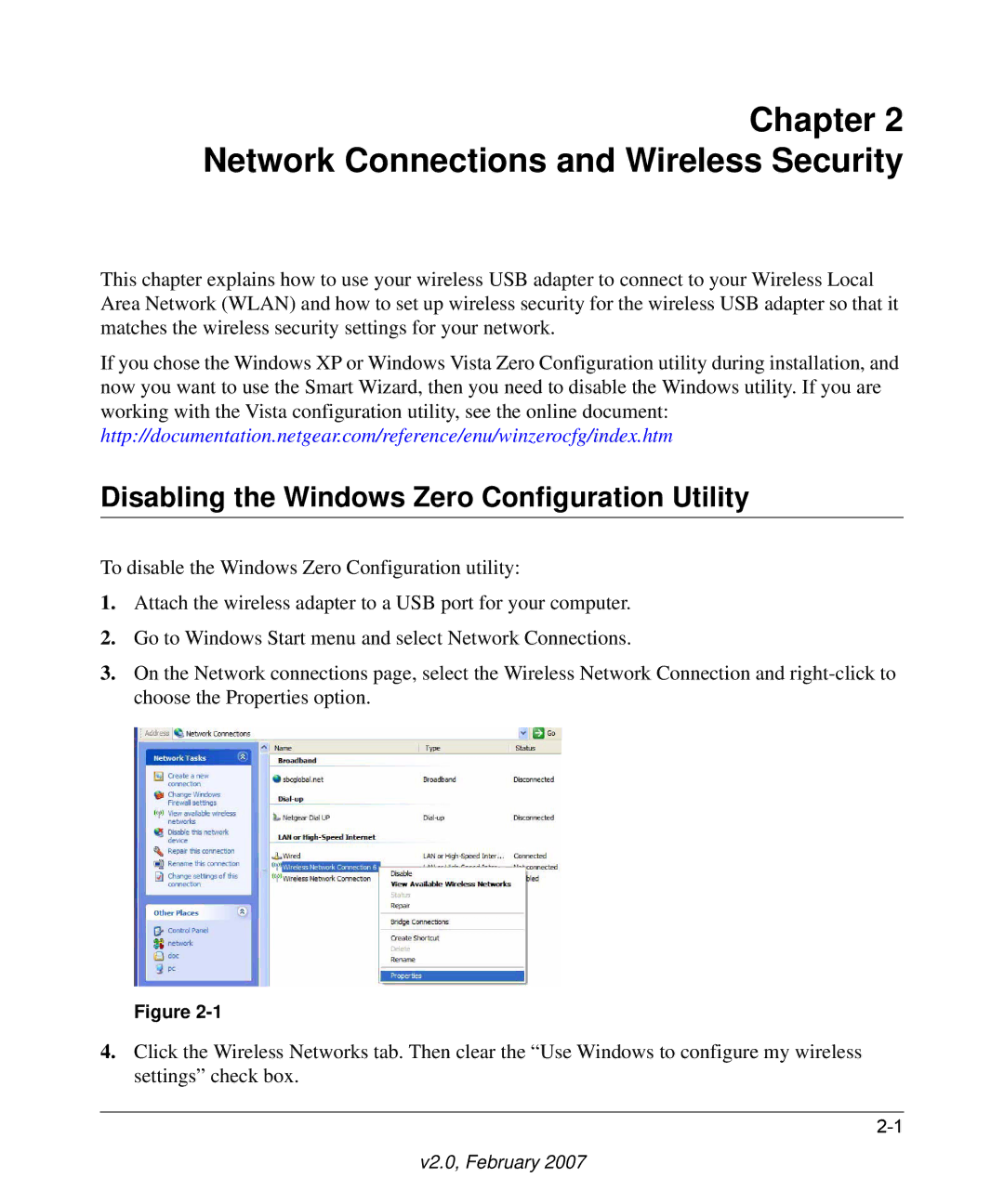 NETGEAR WN121T user manual Network Connections and Wireless Security, Disabling the Windows Zero Configuration Utility 