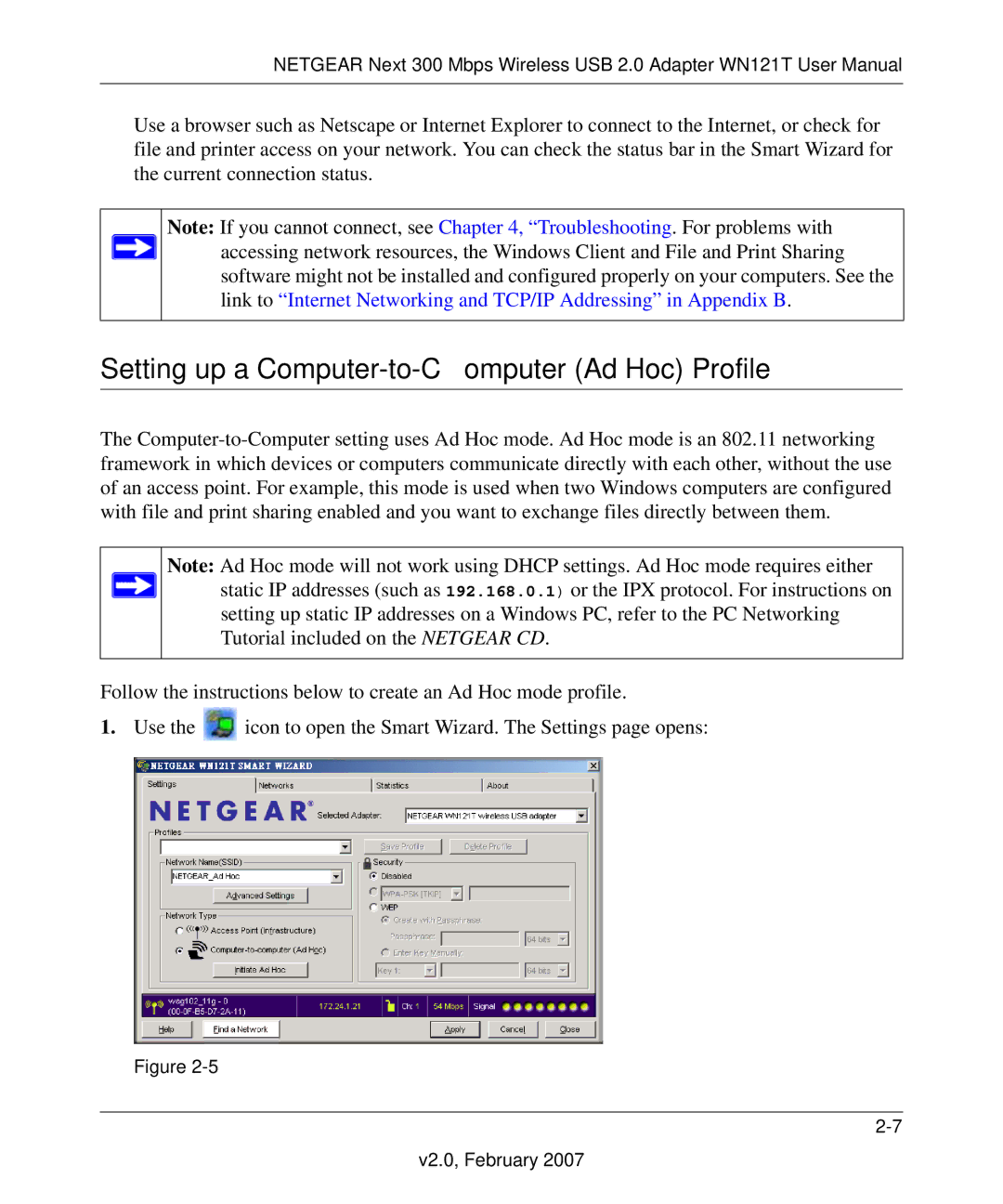 NETGEAR WN121T user manual Setting up a Computer-to-Computer Ad Hoc Profile 