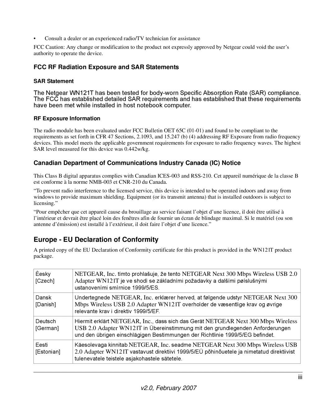 NETGEAR WN121T user manual Europe EU Declaration of Conformity 