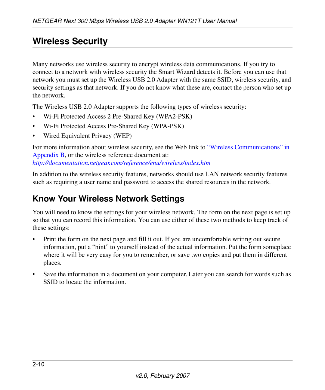 NETGEAR WN121T user manual Wireless Security, Know Your Wireless Network Settings 