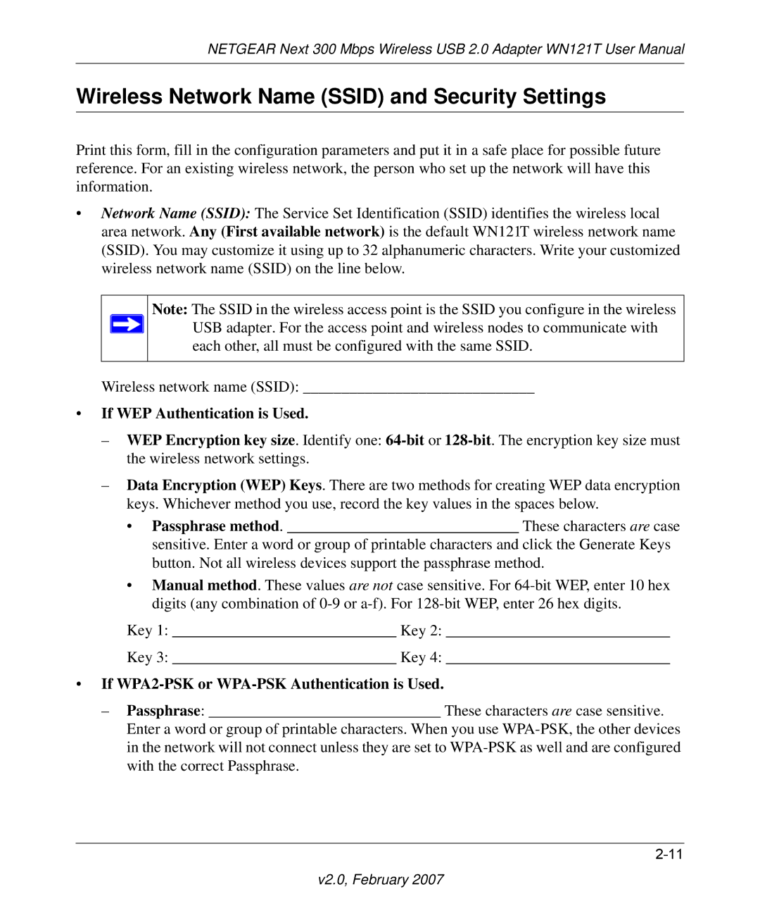 NETGEAR WN121T user manual Wireless Network Name Ssid and Security Settings, If WEP Authentication is Used 