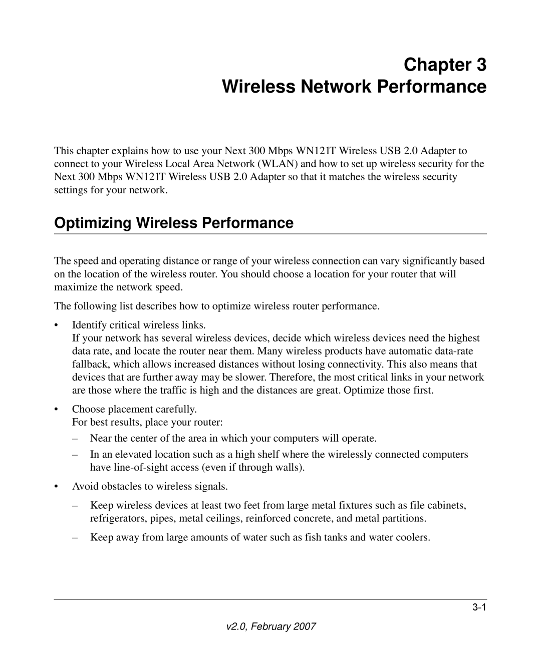 NETGEAR WN121T user manual Chapter Wireless Network Performance, Optimizing Wireless Performance 